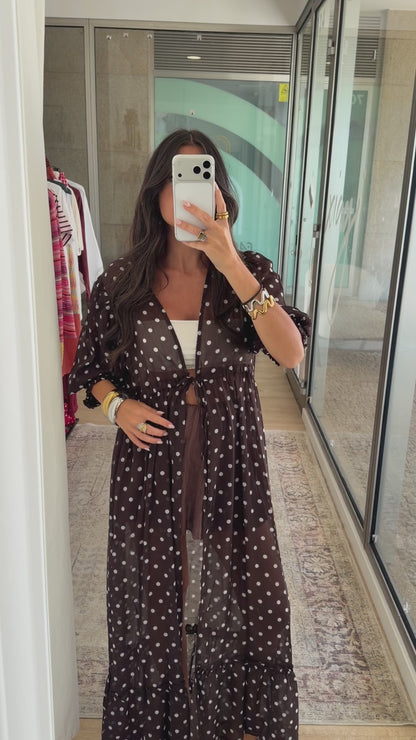 Polka Dot Sheer Maxi Kimono in Brown