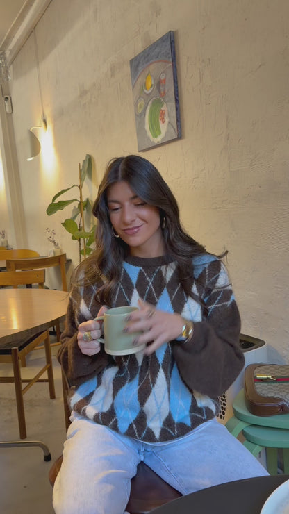 Brown & Sky Blue Argyle Knit Sweater