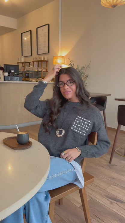Dark Grey Stud-Detail Knit Sweater